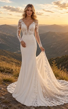 Robe de mariée bohème de montagne à manches longues en dentelle avec traîne chapelle