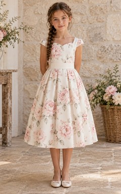 Sweetheart Tea-length Pink Rose Floral Print Cap Sleeve Flower Girl Dress