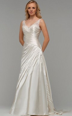 Floor-Length V-Neck Ruched Satin Wedding Dress With Brush Train And Lace Up