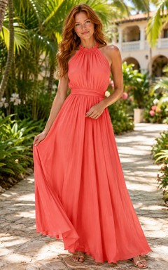Coral High Neck Pleated Chiffon Island Resort Maxi Dress