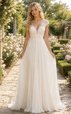 Boho-Brautkleid mit kurzen Ärmeln, Spitzenoberteil und Chiffon