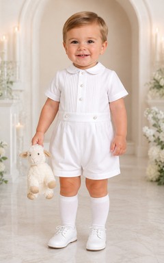 White Pintuck Double Button Short Sleeve Formal Baby Romper for Baby Boy