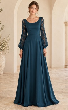 Vestido de dama de honor largo hasta el suelo, estilo bohemio, de gasa con encaje y escote redondo, manga larga y estampado de pavo real.
