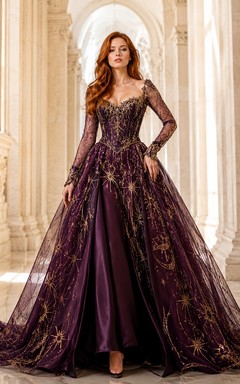 Burgundy Fantasy Tulle Long-Sleeve Lace Ball Gown Evening Dress