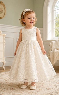 Sleeveless Baptism Dress A-Line Lace Tulle Jewel Neck Bow Back