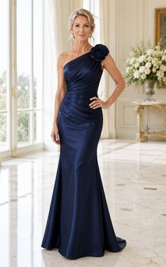 Marineblaues, einseitig schulterfreies Meerjungfrauen-Kleid aus Satin mit Blumenmuster