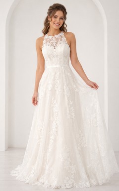 Petite High Neck Neckholder A-Linien Brautkleid aus Spitze