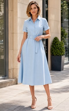 Vestido formal de corte A, largo midi, de satén azul cielo, cuello polo y manga corta.