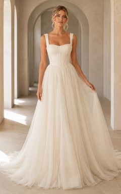 Robe de mariée champagne à col carré sans manches corset en tulle trapèze