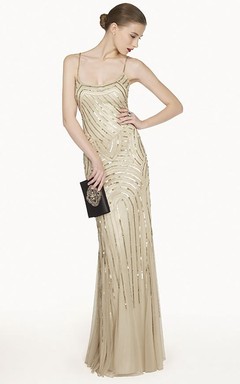 Sexy Sheath Tulle Long Prom Dress With Sequined Spaghetti Straps And Scoop Neck