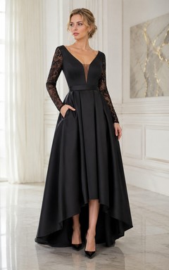 Schwarzes, asymmetrisches Satin-Abendkleid mit V-Ausschnitt und Spitzenärmeln
