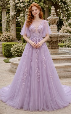 Lavendelfarbenes A-Linien-Brautkleid aus Tüll mit V-Ausschnitt, flatternden Ärmeln
