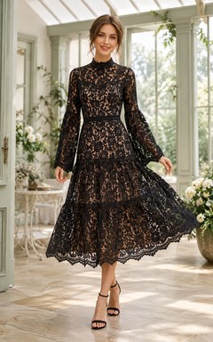 Bell Lace Black A-Line Tea-Length High-Neck Long-Sleeve Bohemian Guest Dress