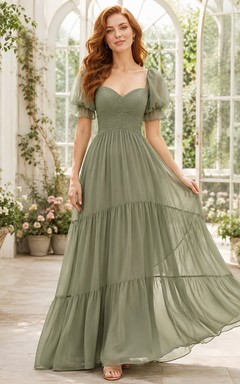 Sage V-Neck Short Sleeve Chiffon A-Line Floor-length Tiered Garden Dress