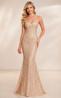 Champagnerfarbenes, bodenlanges Pailletten-Abendkleid im Meerjungfrauenstil mit Spaghettiträgern und Herzausschnitt, Promi-Stil