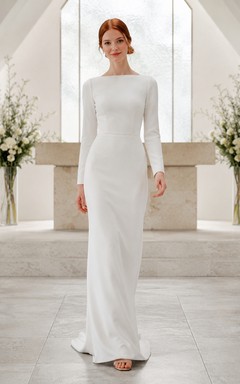 Petite Long Sleeve Bateau Crepe Sheath Wedding Dress
