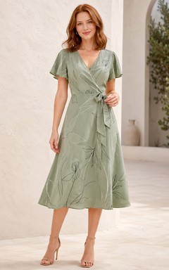 Vestido midi cruzado con escote en V y mangas con volantes de Sage Line Art