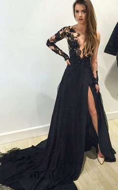 Vestido largo de gasa con encaje ilusión, manga larga y corte en A