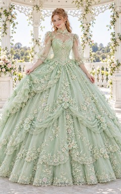 Robe de bal victorienne vert menthe à manches illusion et imprimé floral pour quinceañera