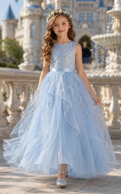 Sky Blue Flower Girl Dress with Sleeveless Floral Embroidered Bodice, Cascading Tulle Floor-Length Ball Gown and Satin Bow