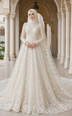 Luxury Muslim Embroidered Tulle Ball Gown Bridal Dress With Cathedral Train