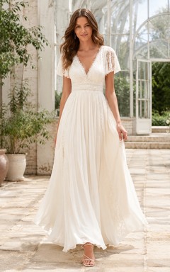 Affordable Bohemian V-Neck Short Illusion Sleeve Lace Chiffon Floor Length A-Line Wedding Dress
