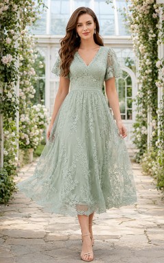 Mint Green V Neck Short Sleeve Lace Guest Dress