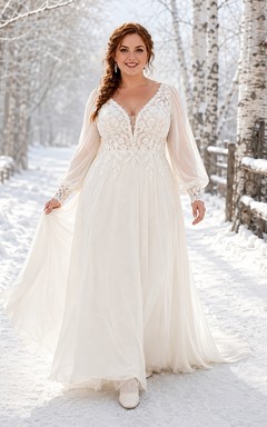Plus Size Langarm-Chiffon-A-Linien-Winter-Hochzeitskleid im Boho-Stil mit V-Ausschnitt