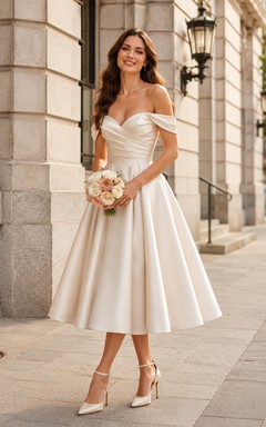 Elegante vestido de novia de satén de largo midi con hombros descubiertos, estilo juzgado.