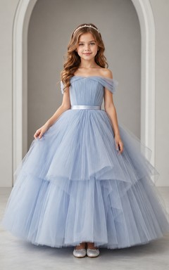 Flower Girl Dress Steel Blue Tulle A-Line Off Shoulder High Low Ruffle Detail