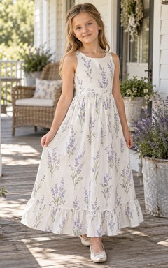 Country Cream Floral Sleeveless Scoop Neck Ruffle Cotton A-line Flower Girl Dress