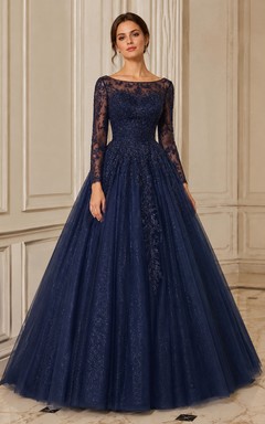 Illusion Lace Long Sleeve Glitter Ball Gown