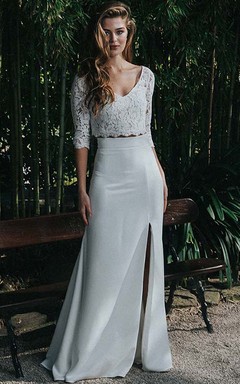 Zweiteiliges Brautkleid mit V-Ausschnitt, halblangen Ärmeln, vorderem Schlitz und Spitzenoberteil