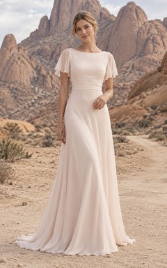 Vestido de novia sencillo de gasa rosa rubor con cuello joya y mangas cortas, corte recto.
