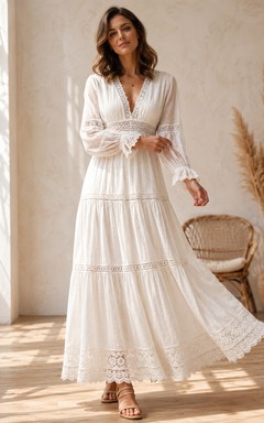 Vestido de novia bohemio de gasa y encaje, estilo vintage, con volantes, corte en A, largo hasta los tobillos, escote en V y manga larga.