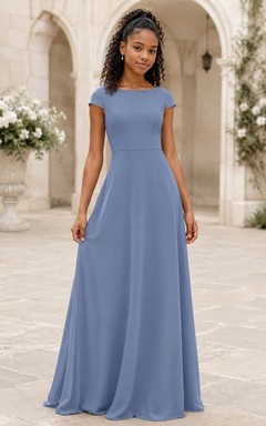 Schieferblaues Brautjungfernkleid im A-Linien-Schnitt mit kurzen Flügelärmeln, schlicht