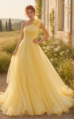 Vestido de novia de organza de un solo hombro, corte A, cola de capilla, color amarillo narciso, para exteriores