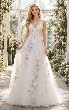 Pastellfarbenes A-Linien-Kleid mit Blumenapplikationen im Gewächshausstil, V-Ausschnitt