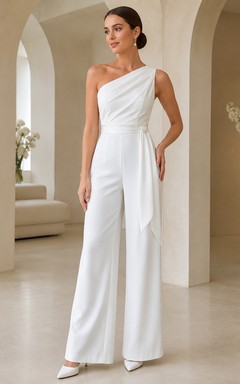Combinaison chic asymétrique en satin à jambes larges et fronces, à une épaule, pour mariage civil