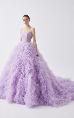 Lilac Ruffle Tulle Ball Gown Quinceanera Strapless Prom Dress with Dramatic Train