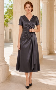 Charcoal Short Sleeve Ruched Wrap Satin Luncheon Dress