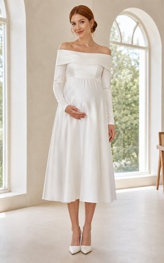 Maternity Off-Shoulder Empire A-Line Tea-Length Long-Sleeve Chiffon Modest Bridal Dress