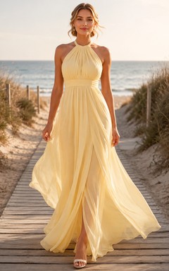 Vestido de novia de playa largo hasta el suelo, de gasa, color amarillo pálido, con cuello halter y escote en A.