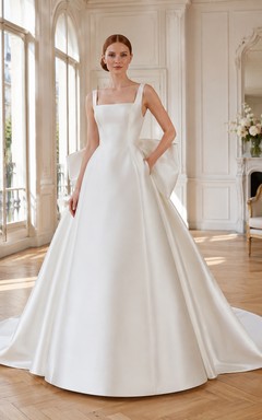 Robe de mariée en satin, robe de bal, col bateau, manches courtes, traîne chapelle
