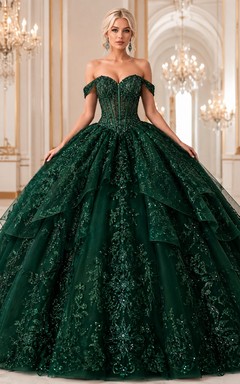 Dark Green Off-Shoulder Corset Lace Ball Gown Floor-Length Luxury Quinceanera Dress