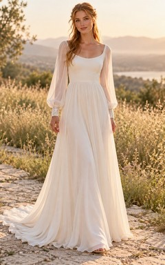 Vestido de novia bohemio sencillo de gasa fluida con mangas largas y escote redondo