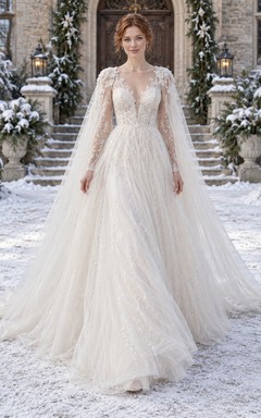 Vestido de novia de corte A con capa, escote en V y tul de manga larga