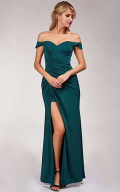 Sexy, bodenlanges, kurzärmeliges A-Linien-Gästekleid aus Satin mit Schlitz vorne
