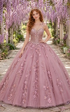 Mauve Pink Floral Applique Tulle Quinceanera Ball Gown