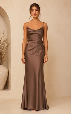 Taupe Satin Cowl Sheath Bridesmaid Dress